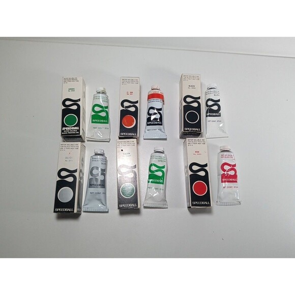 Lot of Used Vintage SPEEDBALL Oil Base Ink White Red Black Blue - Picture 1 of 2